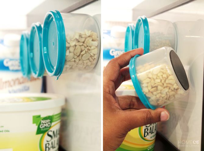 Glue magnets to reusable containers and stick them to the side of your fridge