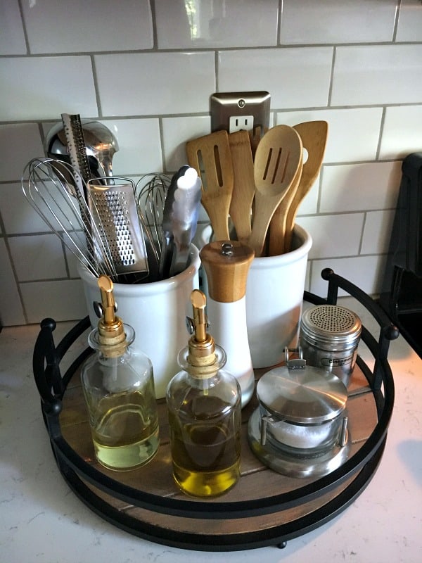 Organizing the Kitchen Counter with a simple tray. Click here to see how!