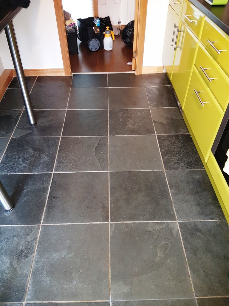 Slate floor tiles before grout colouring in Linwood 