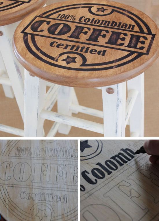 Upstyle Old Kitchen Stools with Coffee Designs | Click Pic for 28 DIY Kitchen Decorating Ideas on a Budget | DIY Home Decorating on a Budget
