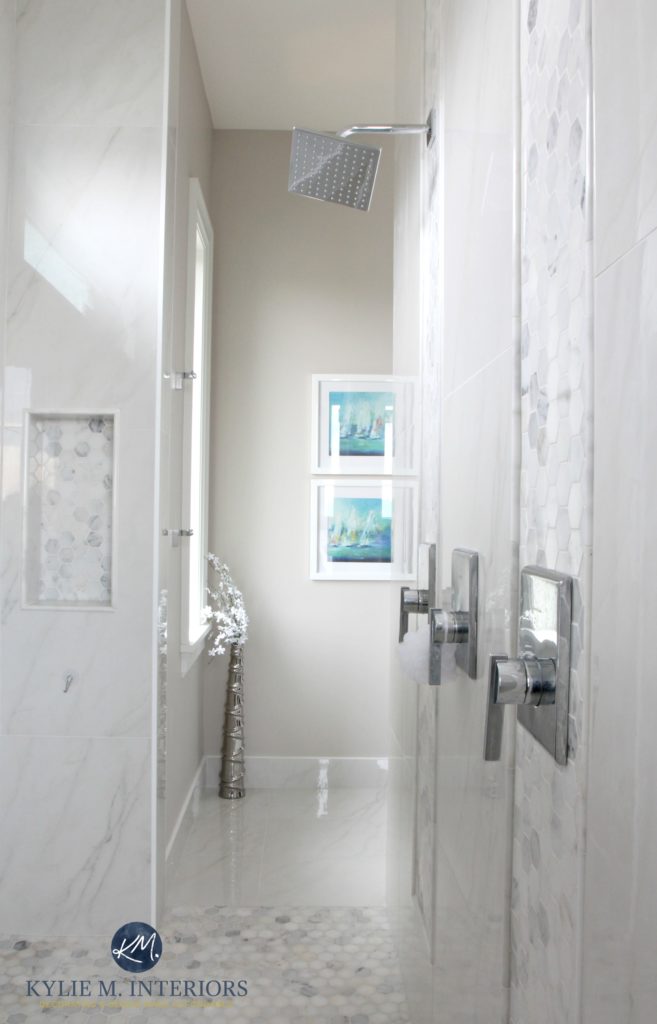 walk-in-shower-ensuite-bathroom-marble-hexagon-mosaic-tile-floor-porcelain-walls-benjamin-moore-balboa-mist-kylie-m-interiors